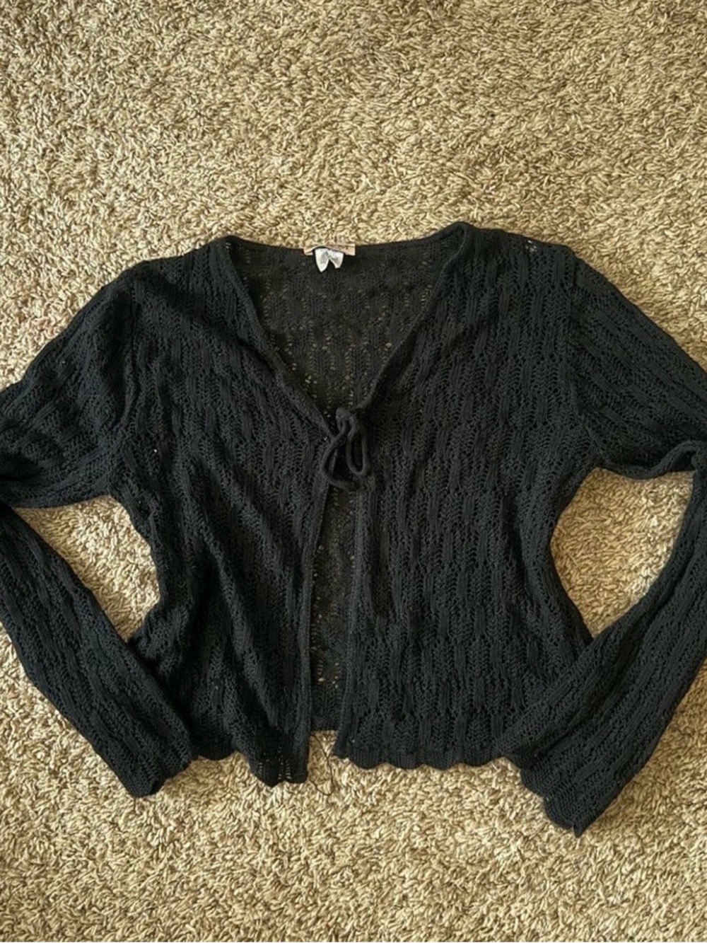 Vintage Black Lightweight Open-Knit Tie-Front Cardigan size medium